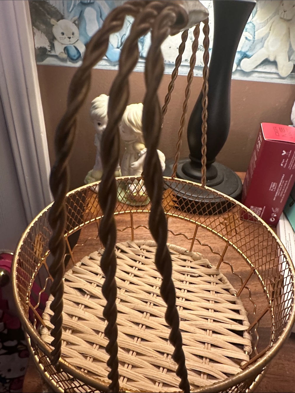 Christmas tree Gold metal Wire and Wicker Round Decorative Basket  NEW - Picture 5 of 7